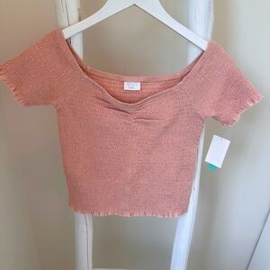Abound Womens Lettuce Edge Trim Shirred Smocked Off-the-Shoulder Crop Top SZ S